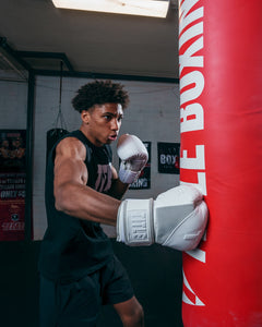 TITLE White Boxing Gloves kid hitting bag