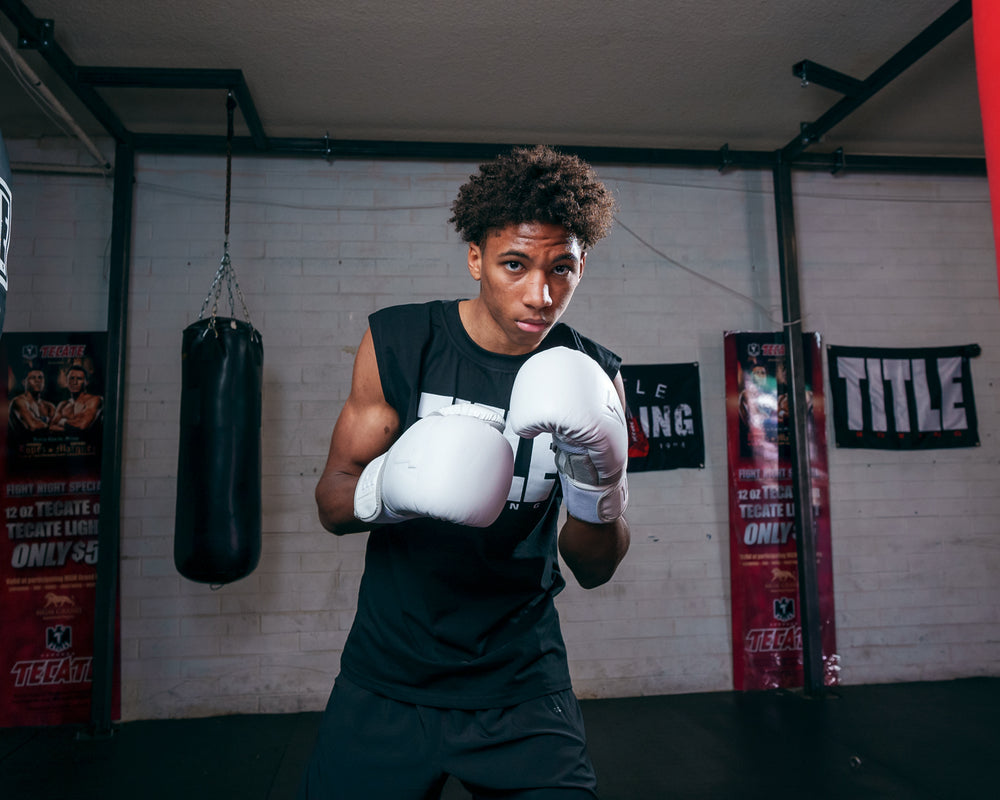 TITLE White Boxing Gloves kid boxing stance