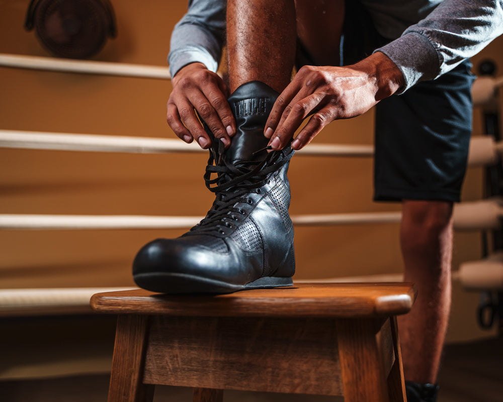 TITLE Boxing High-Top Leather Boxing Shoes main view put on shoe